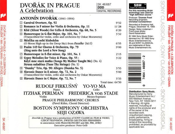 Antonín Dvořák, Rudolf Firkušný, Yo-Yo Ma, Itzhak Perlman, Frederica von Stade, Boston Symphony Orchestra, Seiji Ozawa : Dvořák In Prague (A Celebration) (CD, Album)