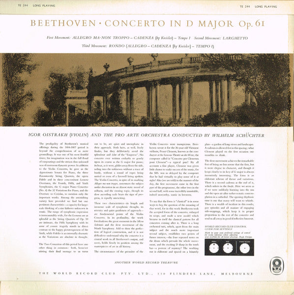 Igor Oistrakh* And  The Pro Arte Orchestra* Conducted By Wilhelm Schüchter / Beethoven* : Violin Concerto In D Major, Opus 61 (LP, Album, Mono, Club)