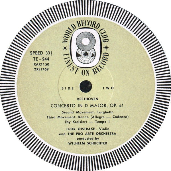 Igor Oistrakh* And  The Pro Arte Orchestra* Conducted By Wilhelm Schüchter / Beethoven* : Violin Concerto In D Major, Opus 61 (LP, Album, Mono, Club)