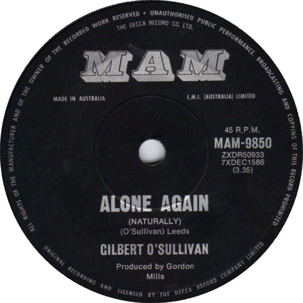 Gilbert O'Sullivan : Alone Again (Naturally) (7", Single)