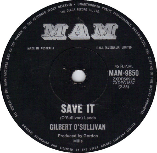 Gilbert O'Sullivan : Alone Again (Naturally) (7", Single)