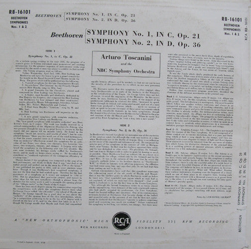 Ludwig van Beethoven - Arturo Toscanini, NBC Symphony Orchestra : Symphonies No.1 & No. 2 (LP, Album, Mono)