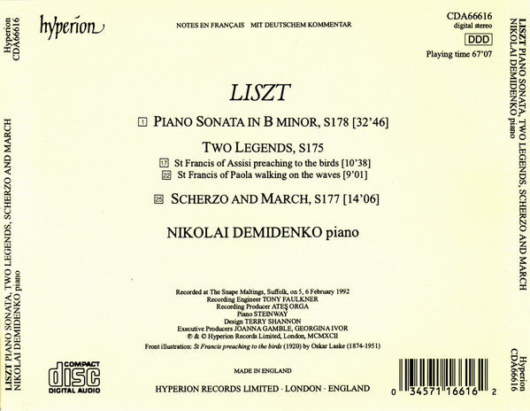 Nikolai Demidenko Plays Franz Liszt : Sonata • Two Legends • Scherzo And March (CD)