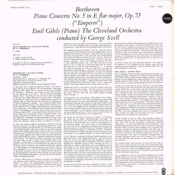 Beethoven*  /  Emil Gilels (Piano) / The Cleveland Orchestra Conducted By George Szell : Piano Concerto No. 5 In E Flat Major, Op. 73 ("Emperor") (LP, Club, RE)