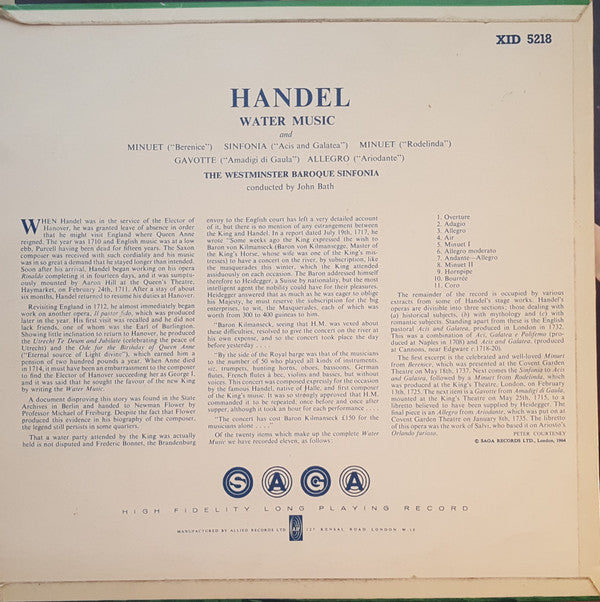Georg Friedrich Händel, John Bath, The Westminster Baroque Sinfonia : The Water Music (LP)
