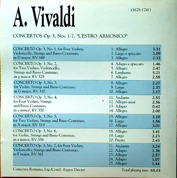 Antonio Vivaldi - Camerata Romana, Eugen Duvier : L'estro Armonico: Concertos Nos. 1-7 (CD, Album)