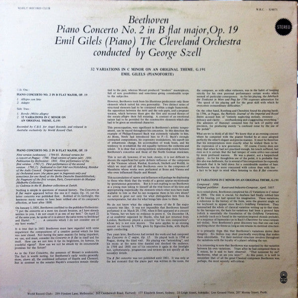 Beethoven* / Emil Gilels / The Cleveland Orchestra / George Szell : Concerto No. 2 In B Flat Major, Op. 19 (LP, Album, Club, RE)