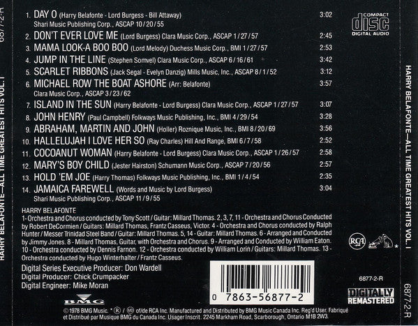 Harry Belafonte : All Time Greatest Hits Vol. I (CD, Comp, RM, Cin)