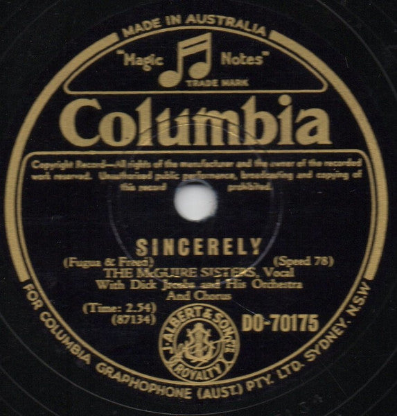 The McGuire Sisters* : Sincerely / No More (Shellac, 10")