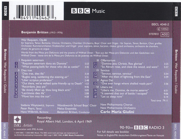 Carlo Maria Giulini, New Philharmonia Orchestra, Benjamin Britten : War Requiem (CD, Album, RM)