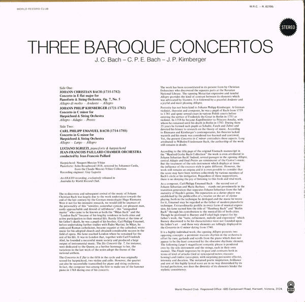 Johann Christian Bach  -  Carl Philipp Emanuel Bach  -  Johann Philipp Kirnberger : Three Baroque Concertos (LP, Album, Club)