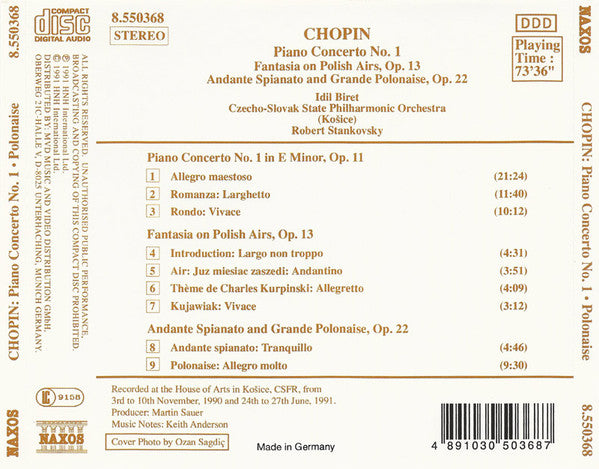 Frédéric Chopin - Idil Biret, Slovak State Philharmonic Orchestra, Košice, Robert Stankovsky : Piano Concerto No.1 - Fantasia On Polish Airs, Op. 13 - Andante Spianato And Grande Polonaise, Op. 22 (CD, Album)