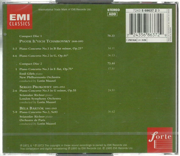 Pyotr Ilyich Tchaikovsky, Sergei Prokofiev, Béla Bartók, Emil Gilels, Sviatoslav Richter, Lorin Maazel : Piano Concertos (2xCD, Comp, RM)
