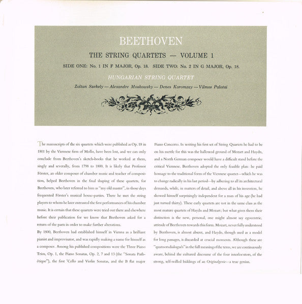 Ludwig van Beethoven / Hungarian String Quartet* : The String Quartets - Volume 1 - No. 1 In F Major, Op. 18. No. 2 In G Major, Op. 18 (LP, Album, Mono, Club, Gat)