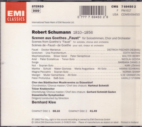 Robert Schumann : Dietrich Fischer-Dieskau, Edith Mathis, Walter Berry, Nicolai Gedda, Chor Des Städtischen Musikvereins Zu Düsseldorf e.V., Düsseldorfer Symphoniker, Bernhard Klee : Szenen Aus Goethes "Faust" (2xCD, Album, RE)