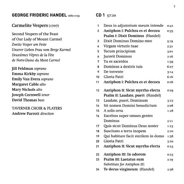 Handel* - Taverner Choir & Players*, Andrew Parrott : Carmelite Vespers, 1707 (2xCD, RE)