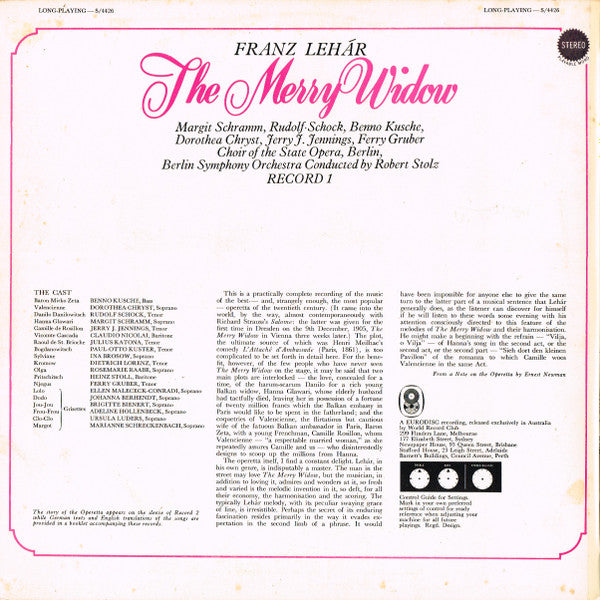 Franz Lehár, Margit Schramm, Rudolf Schock, Benno Kusche, Dorothea Chryst, Jerry J. Jennings, Ferry Gruber, Chor der Deutschen Oper Berlin, Berliner Symphoniker Conducted By Robert Stolz : The Merry Widow  (2xLP, Album, Club)