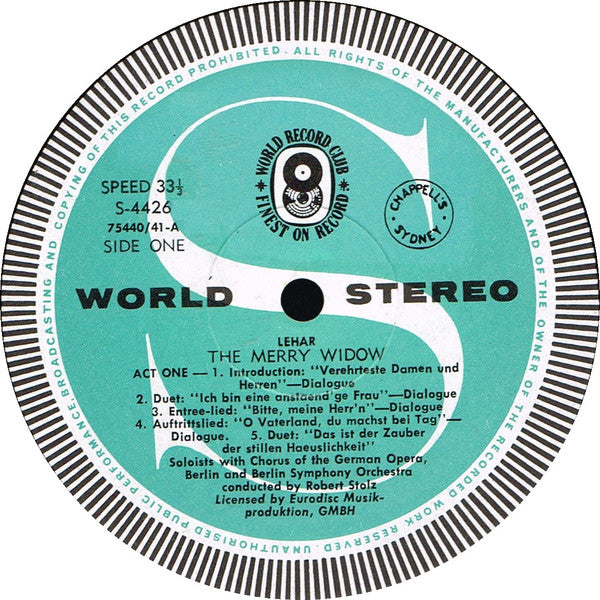 Franz Lehár, Margit Schramm, Rudolf Schock, Benno Kusche, Dorothea Chryst, Jerry J. Jennings, Ferry Gruber, Chor der Deutschen Oper Berlin, Berliner Symphoniker Conducted By Robert Stolz : The Merry Widow  (2xLP, Album, Club)