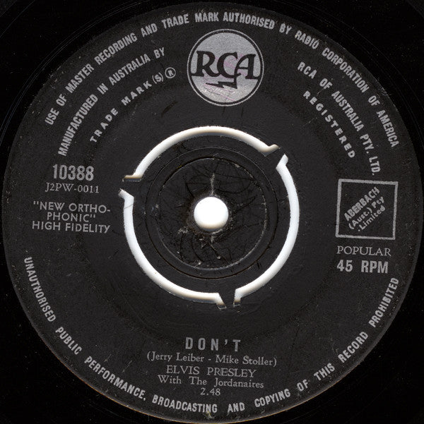 Elvis Presley With The Jordanaires : Don't (7", Single)