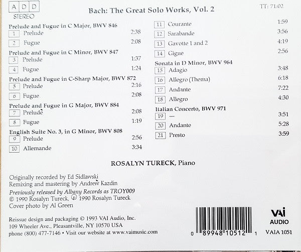 Rosalyn Tureck Plays Bach* : The Great Solo Works Vol. 2 (CD, Album, RE)