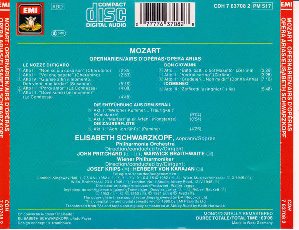 Mozart* – Elisabeth Schwarzkopf / Herbert von Karajan • Josef Krips • John Pritchard • Warwick Braithwaite : Opernarien / Airs D'Opéra / Opera Arias (CD, Comp, Mono, RM)
