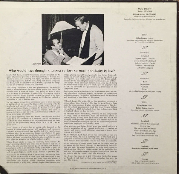 Julian Bream, Peter Pears : Julian Bream In Concert (LP, RE)