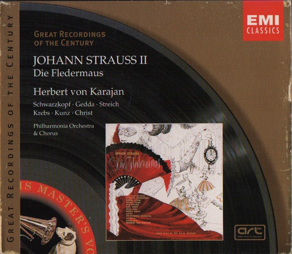 Johann Strauss II* - Schwarzkopf* • Gedda* • Streich* • Krebs* • Kunz* • Christ* • Philharmonia Orchestra & Chorus* • Herbert von Karajan : Die Fledermaus (2xCD, Album, Mono, RE, RM + Box, Sli)