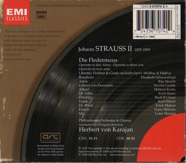 Johann Strauss II* - Schwarzkopf* • Gedda* • Streich* • Krebs* • Kunz* • Christ* • Philharmonia Orchestra & Chorus* • Herbert von Karajan : Die Fledermaus (2xCD, Album, Mono, RE, RM + Box, Sli)