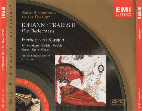 Johann Strauss II* - Schwarzkopf* • Gedda* • Streich* • Krebs* • Kunz* • Christ* • Philharmonia Orchestra & Chorus* • Herbert von Karajan : Die Fledermaus (2xCD, Album, Mono, RE, RM + Box, Sli)