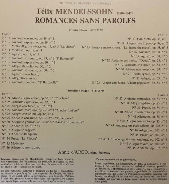 Felix Mendelssohn-Bartholdy, Annie d'Arco : Romances Sans Paroles (2xLP)