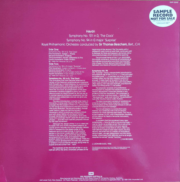 Joseph Haydn / Royal Philharmonic Orchestra Conducted By Sir Thomas Beecham : Symphony No. 101 in D, 'The Clock' / Symphony No. 94 in G Major 'Surprise' (LP, Comp)