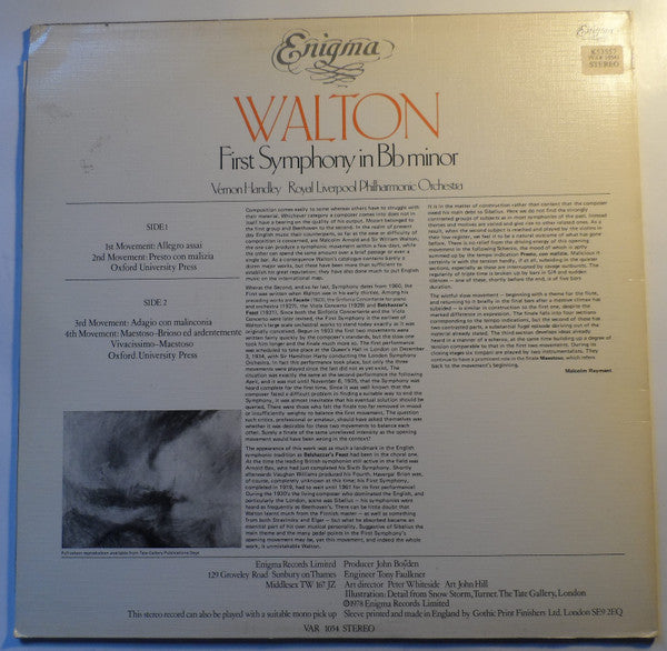 Sir William Walton, Vernon Handley Conducting The Royal Liverpool Philharmonic Orchestra : First Symphony In B Flat Minor (LP)