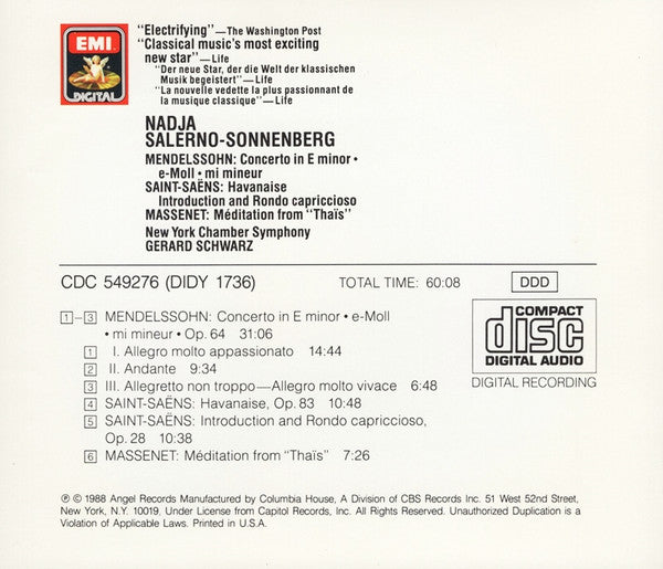 Nadja Salerno-Sonnenberg - Mendelssohn* / Saint-Saëns* / Massenet* - New York Chamber Symphony, Gerard Schwarz : Concerto In E Minor / Havanaise / Introduction & Rondo Capriccioso / Meditation From "Thaïs" (CD, Album, Club)