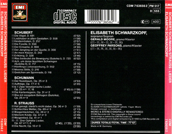 Elisabeth Schwarzkopf, Gerald Moore, Geoffrey Parsons (2), Schubert* / Schumann* / R.Strauss* : Lieder (CD, Comp, RM)