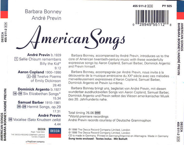 Copland* / Barber* / Previn* / Argento*, Barbara Bonney, André Previn : American Songs (CD, Album)
