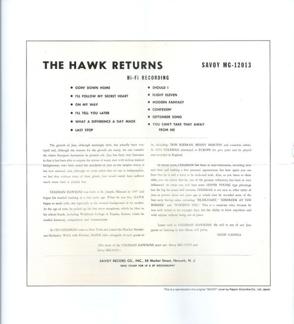 Coleman Hawkins : The Hawk Returns (CD, Mono, RE, RM)