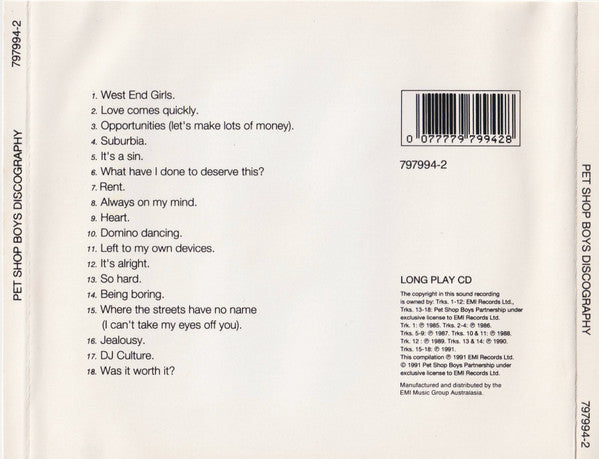 Pet Shop Boys : Discography (The Complete Singles Collection) (CD, Comp, RP)