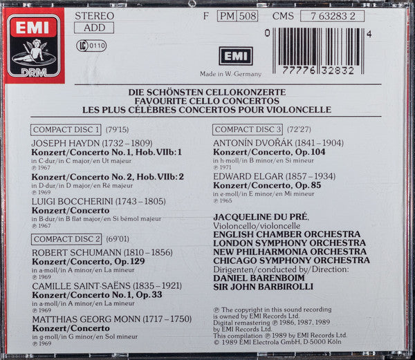 Jacqueline Du Pré : Die Schönsten Cellokonzerte = Favourite Cello Concertos = Les Plus Célèbres Concertos Pour Violoncelle (3xCD, Comp, RM, EMI)
