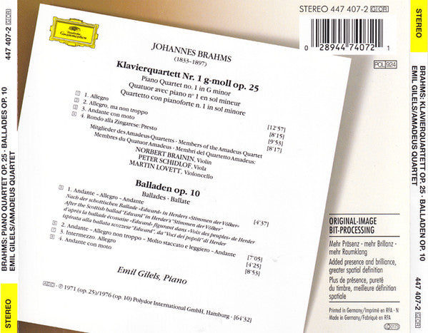 Johannes Brahms - Emil Gilels · Amadeus-Quartett : Klavierquartett = Piano Quartet Op. 25 • Balladen Op. 10 (CD, Comp, RE, RM)