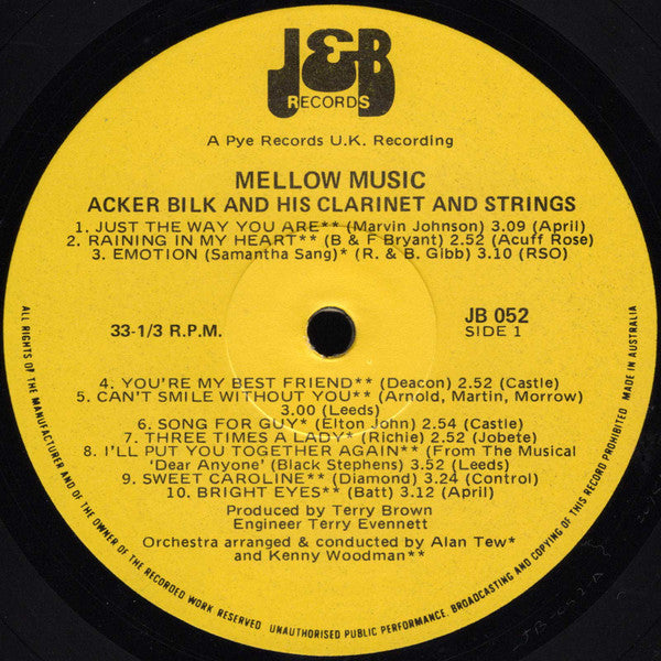 Acker Bilk His Clarinet & Strings* : Mellow Music 20 All Time Greats (LP)