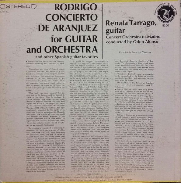 Rodrigo* - Renata Tarrago*, Concert Orchestra Of Madrid* Conducted By Odon Alonso* : Concierto De Aranjuez For Guitar And Orchestra And Other Spanish Guitar Favorites (LP, Album)