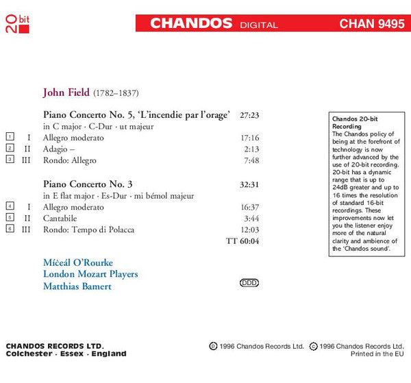 John Field (2) - Míċeál O'Rourke, London Mozart Players, Matthias Bamert : Piano Concertos Vol 3: No. 3 In E Flat Major / No. 5 In C Major 'L'Incendie Par L'Orage' (CD, Album)