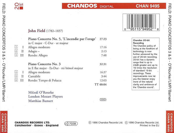 John Field (2) - Míċeál O'Rourke, London Mozart Players, Matthias Bamert : Piano Concertos Vol 3: No. 3 In E Flat Major / No. 5 In C Major 'L'Incendie Par L'Orage' (CD, Album)