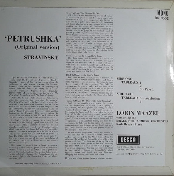 Lorin Maazel Conducting The Israel Philharmonic Orchestra : Stravinsky: Petrushka (Original Version) (10", Mono)