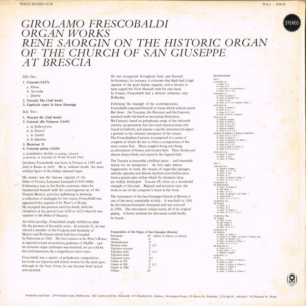 Girolamo Frescobaldi  /  René Saorgin : Organ Works (LP, Album, Club)