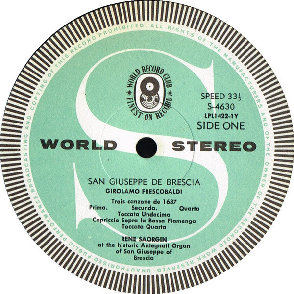 Girolamo Frescobaldi  /  René Saorgin : Organ Works (LP, Album, Club)