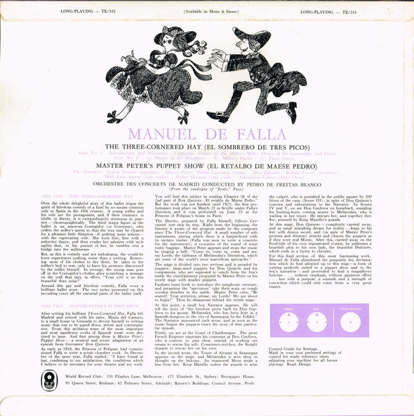 Manuel De Falla / Orquesta de Conciertos de Madrid Conducted By Pedro de Freitas Branco : The Three-Cornered Hat (Suites 1 & 2) (LP, Album, Club)