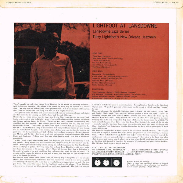 Terry Lightfoot's Jazzmen : Lightfoot At Lansdowne (LP, Album, Mono, Club, RP)
