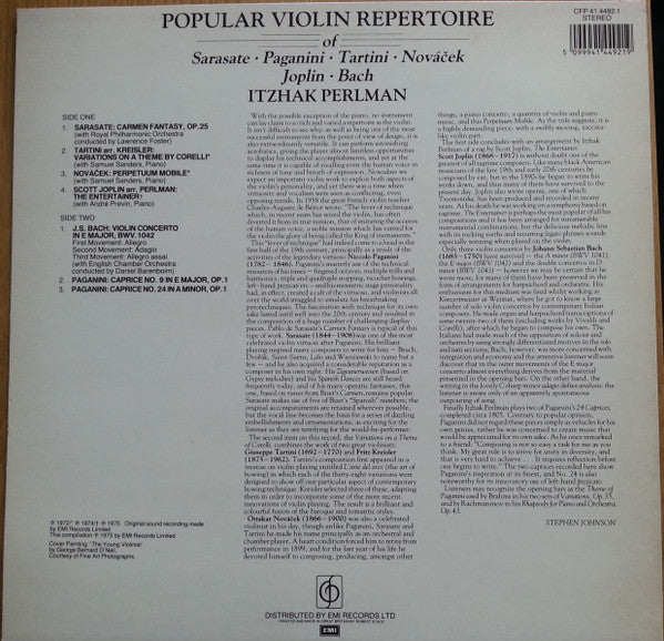 Itzhak Perlman : Popular Violin Repertoire Of Sarasate, Paganini, Tartini, Novacek, Joplin, Bach (LP, Album, Comp, RE)