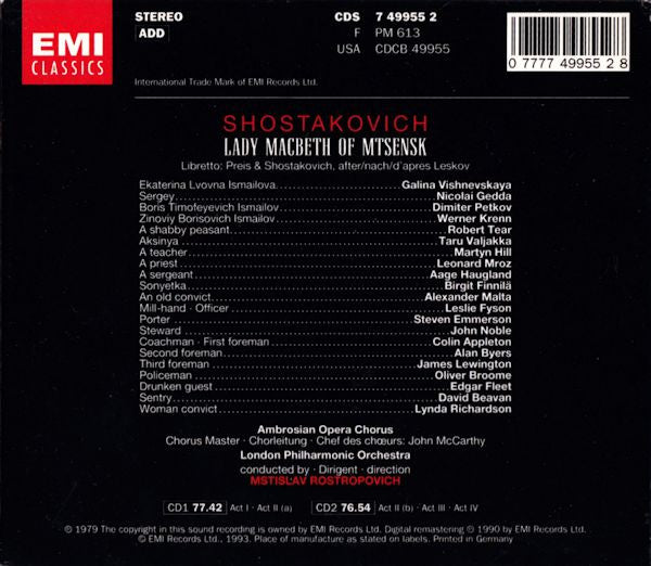 Shostakovich* - Galina Vishnevskaya, Nicolai Gedda, Dimiter Petkov, Ambrosian Opera Chorus*, London Philharmonic Orchestra, Mstislav Rostropovich : Lady Macbeth Of Mtsensk (2xCD + Box, Album, RE, RM)